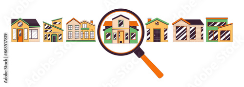 House hunting options choosing 2D linear illustration concept. Loupe magnifying glass selecting home cartoon objects isolated on white. Apartment purchase metaphor abstract flat vector outline graphic