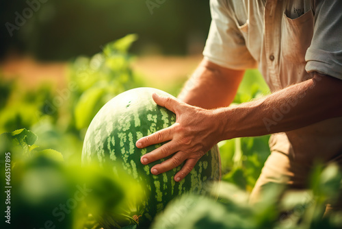 Close-up of hands picking a large watermelon