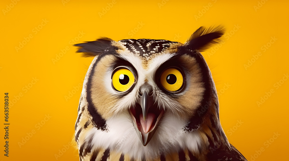 Obraz premium Studio portrait of surprised owl, isolated on yellow background