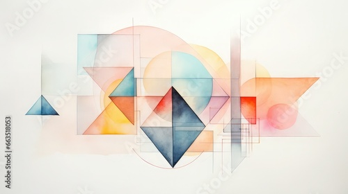 Watercolor painting with geometric shapes in pastel colors. Art created with AI
