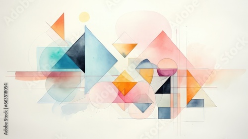 Watercolor painting with geometric shapes in pastel colors. Art created with AI
