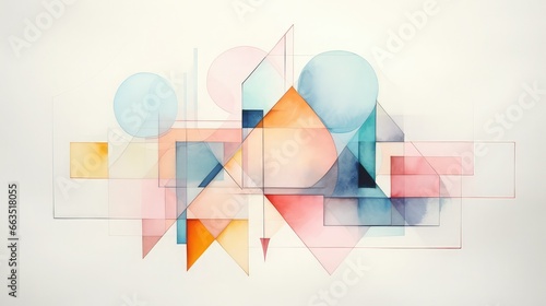 Watercolor painting with geometric shapes in pastel colors. Art created with AI