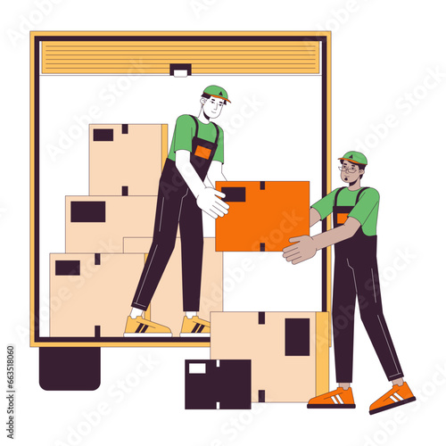 Professional movers line cartoon flat illustration. Multicultural male shippers loading moving truck 2D lineart characters isolated on white background. Carrying box scene vector color image