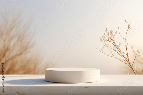 White podium against a background of plants and a beige wall in a soft and warm tone.