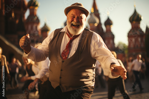 An Elderly Soviet Man Dances Happily in a Slavic Setting, Looking at the Camera in Traditional Russian Clothing