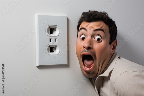 Funny man in white, leaning on a wall next to an outlet. photo