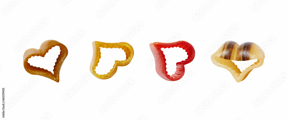 Colorful heart shaped pasta closeup on white background Colorful heart shaped pasta closeup on white background