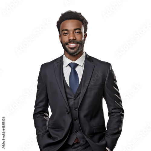 Black male lawyer standing up, body view, smiling
