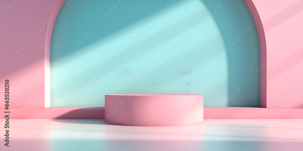 Soft pink and turquoise minimalistic mock up background with podium for product presentation Soft pink and turquoise minimalistic mock up background with podium for product presentation