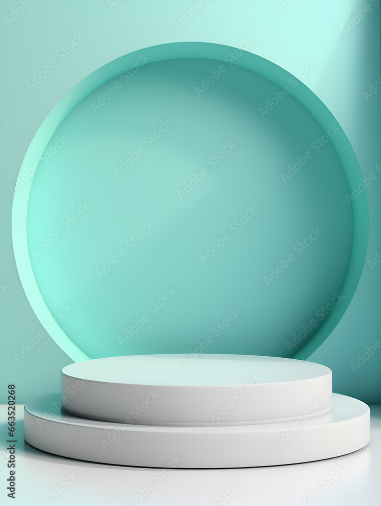 Minimalistic mock up background with white podium and soft turquoise wall, product presentation concept Minimalistic mock up background with white podium and soft turquoise wall, product presentation concept