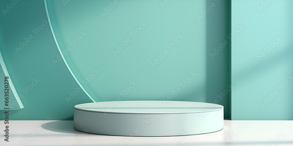 Minimalistic mock up background with white podium and soft turquoise wall, product presentation concept Minimalistic mock up background with white podium and soft turquoise wall, product presentation concept