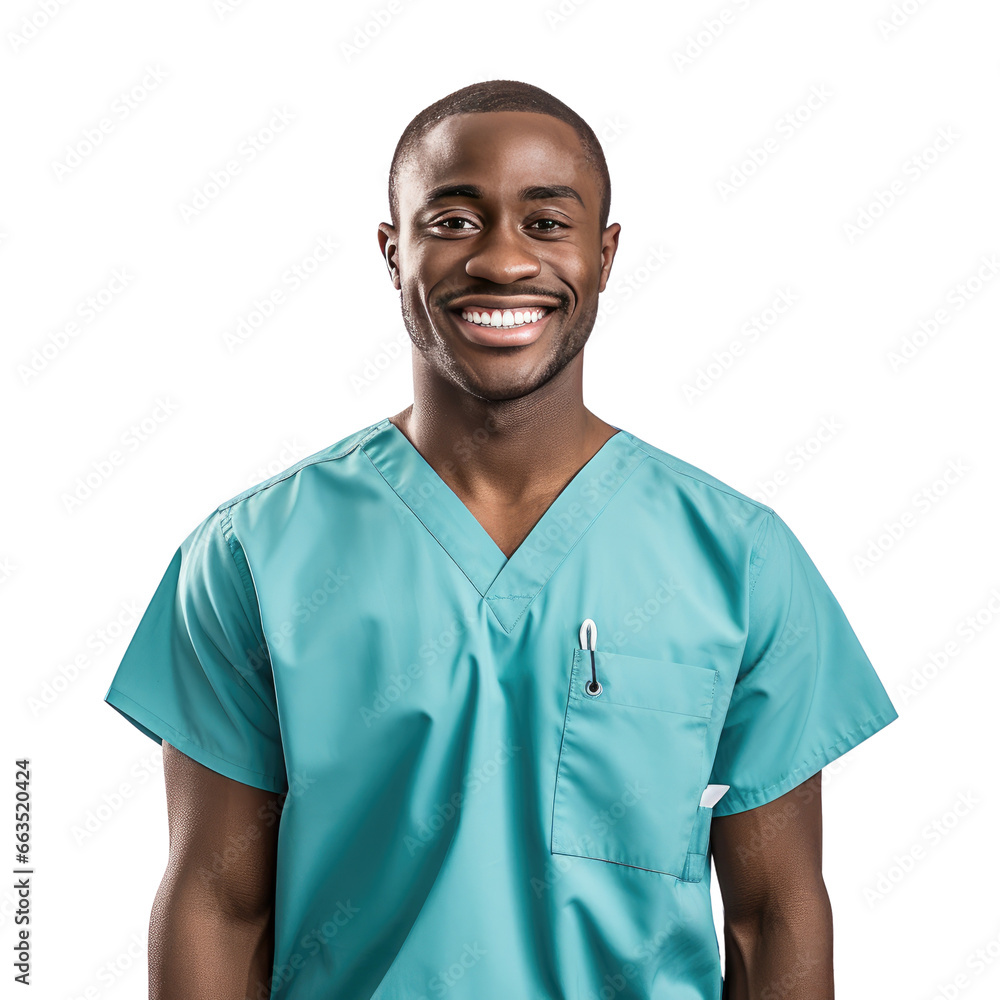 Black male nurse standing up, body view, smiling - obrazy, fototapety, plakaty 