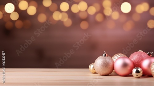 An empty wooden surface for product presentation with Christmas decorations in the background. Mock up