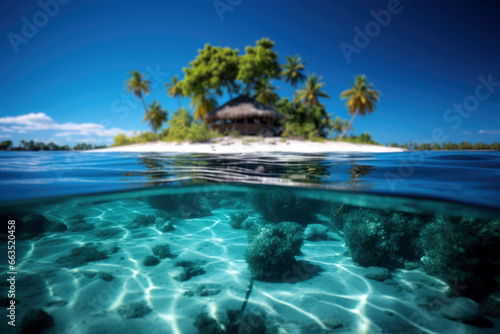 Tropical underwater postcard photograph with an island in the background.
