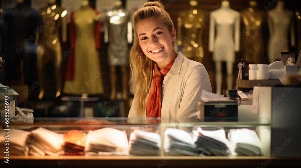 Smiling Caucasian Woman Shop Owner in Boutique