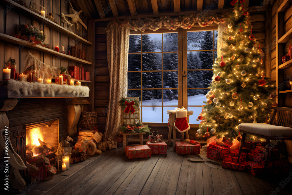 Salón de una cabaña de madera con la chimenea encendida y adornos navideños y árbol de navidad. Ventana con paisaje nevado por la noche