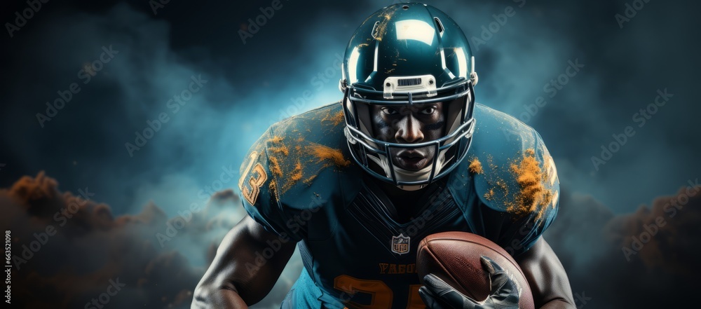 Generative AI image of an American football player in full gear ready to throw the ball on dark blue background
