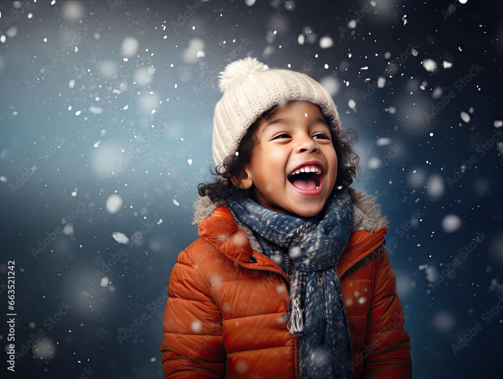 Studio portrait of a little boy laughing with winter clothes and snowflakes around him Studio portrait of a little boy laughing with winter clothes and snowflakes around him
