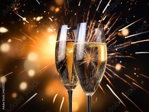 Close-up view of two glasses of champagne with fireworks in the background on New Year's Eve