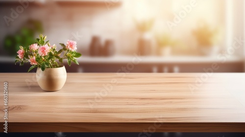 Wooden surface for product display montages with kitchen background