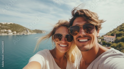 Selfie of a Smiling Couple Enjoying Summer Vacation Outdoors