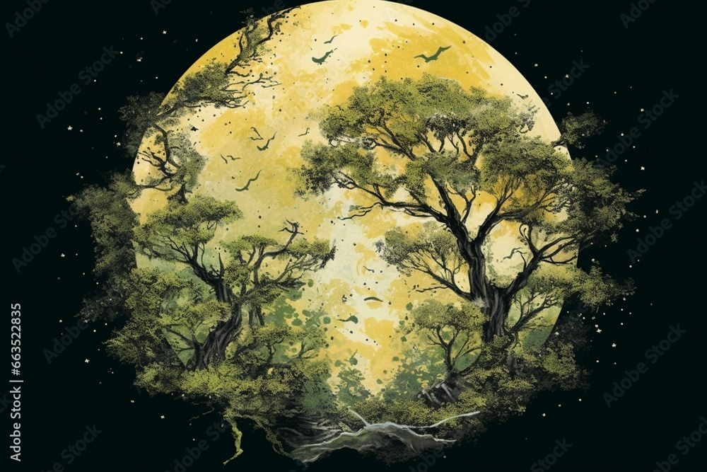 Tree with abundant leaves in front of a full moon, splattered by white, on a green backdrop with a yellow starry circle and black outline. Generative AI