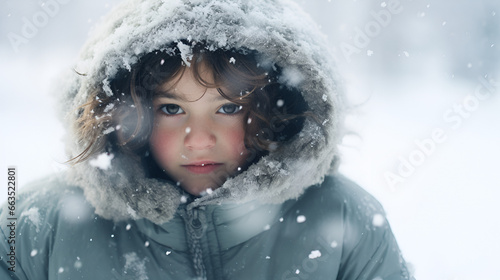 happy beautiful kid in winter clothes enjoying snowy weather, 