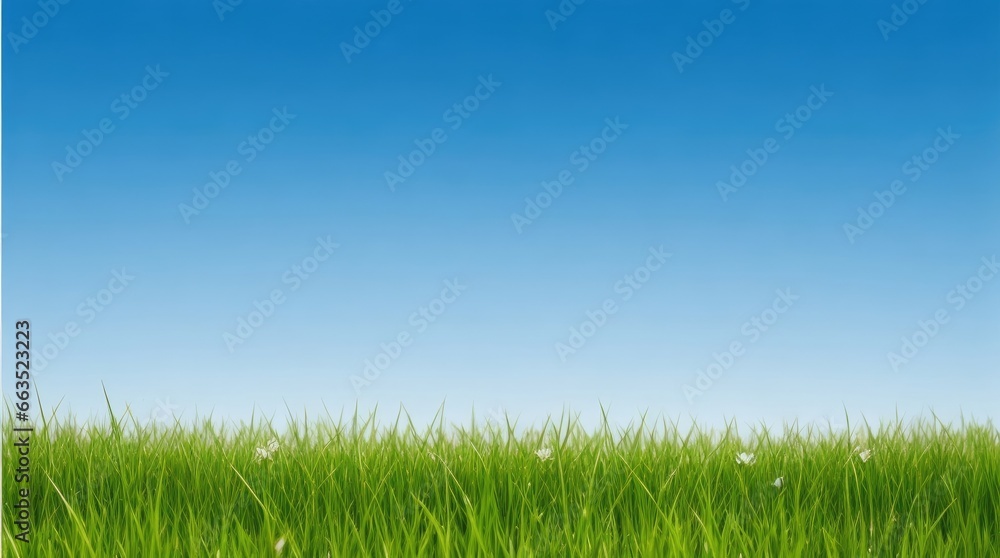 A Panoramic View of Lush Green Grass Beneath a Clear Blue Sky, Capturing the Essence of Refreshing Spring Nature. A Panoramic View of Lush Green Grass Beneath a Clear Blue Sky, Capturing the Essence of Refreshing Spring Nature.