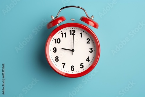 A clock with red color on blue background, indicating five minutes till twelve. Generative AI photo