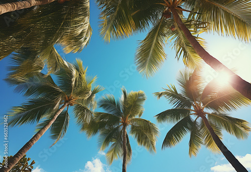  Blue sky and palm trees view from below  vintage style  tropical beach and summer background  travel concept realistic image