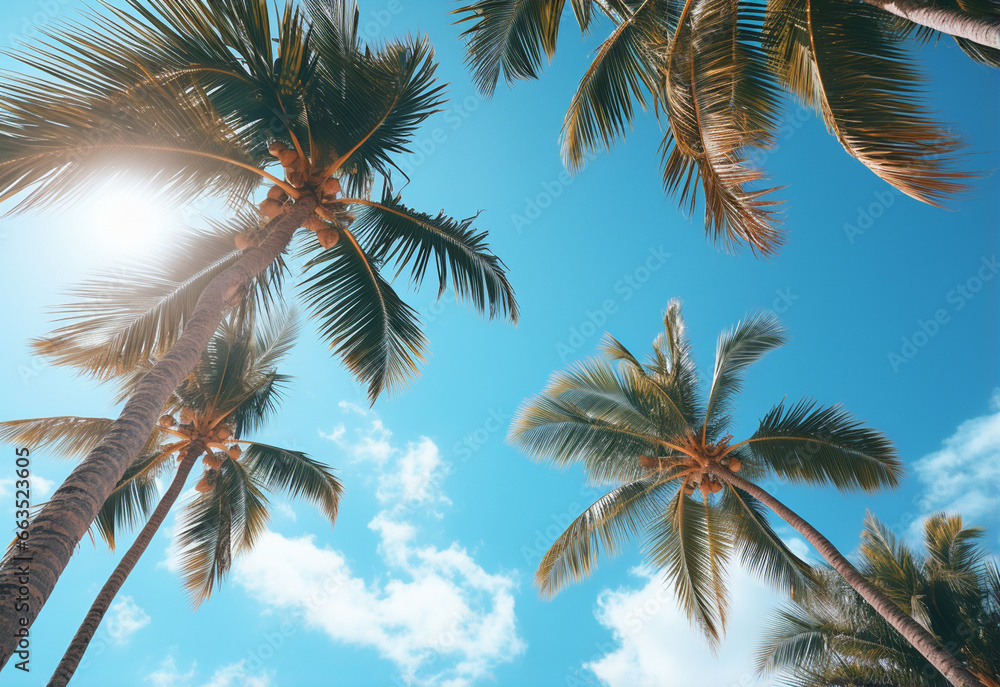 
Blue sky and palm trees view from below, vintage style, tropical beach and summer background, travel concept realistic image