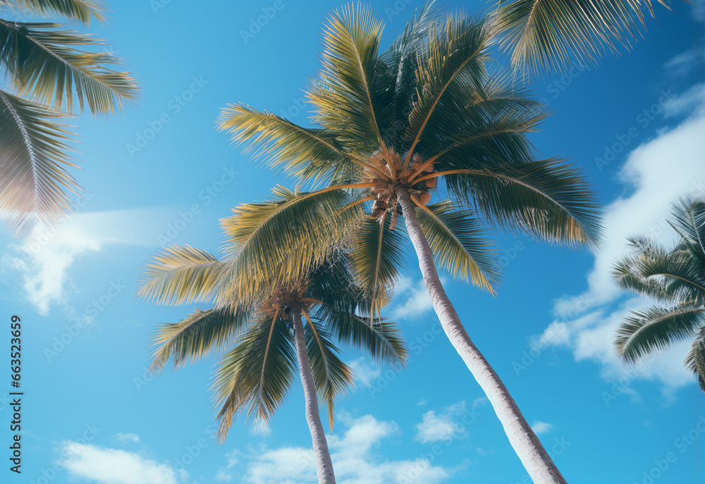 
Blue sky and palm trees view from below, vintage style, tropical beach and summer background, travel concept realistic image