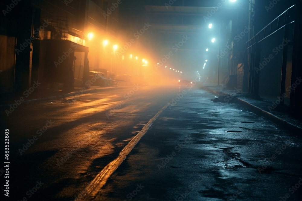 Moist pavement, glowing lights, beam, haze. Generative AI