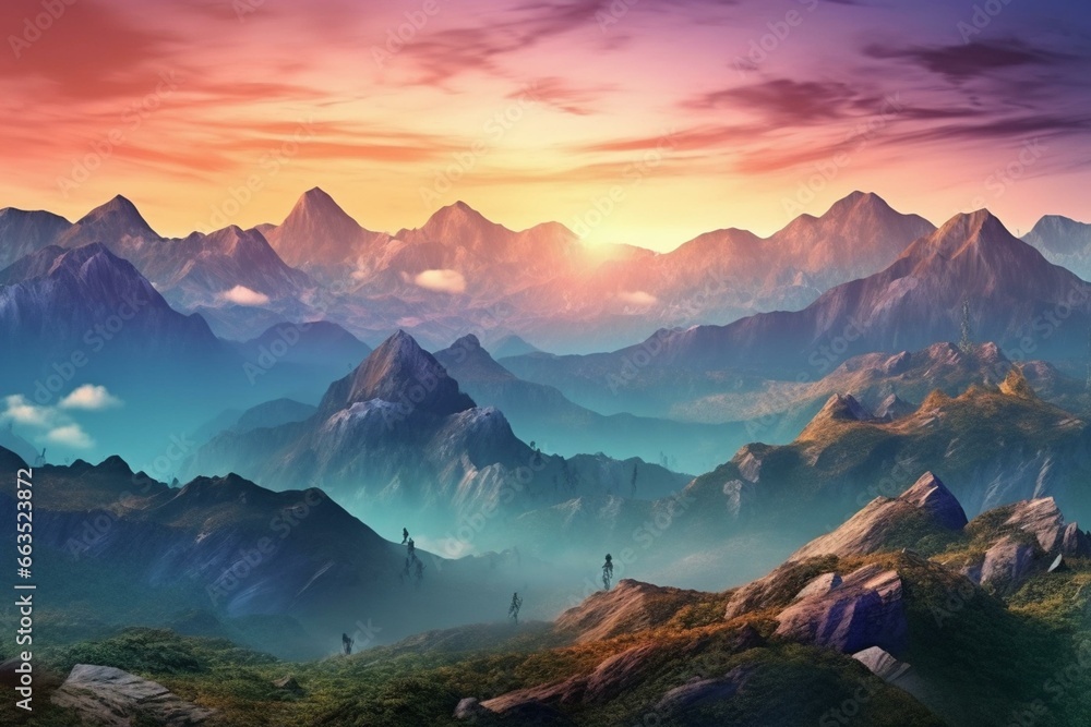Dramatic view of rugged mountain landscape, rendered in 3D with colorful sunrise sky. Panoramic nature background. Generative AI