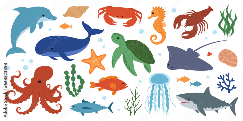 Naklejka premium Set of sea and ocean animals. Cute dolphin, whale, crab, seahorse, starfish, lobster, turtle, stingray, octopus, shark, jellyfish and fish. Wild marine creatures. Underwater life. Vector illustration