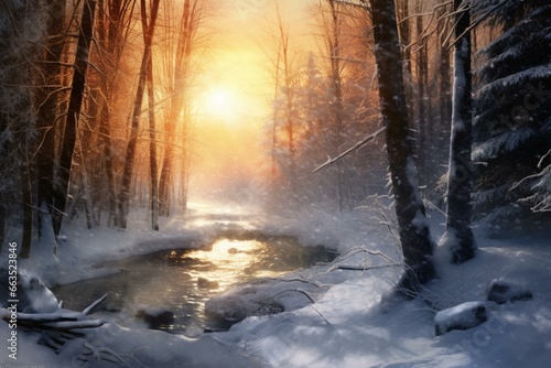 Winter landscape with sunlight, snow-covered trees, and falling snowflakes. Generative AI