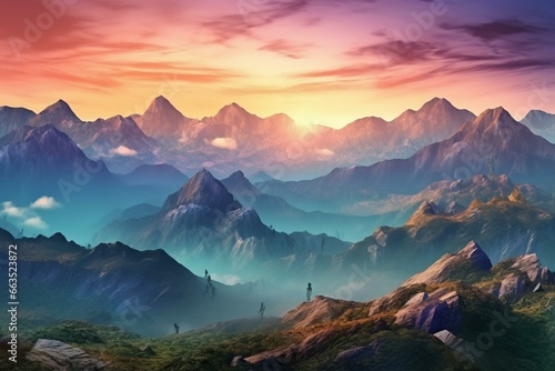 Dramatic view of rugged mountain landscape, rendered in 3D with colorful sunrise sky. Panoramic nature background. Generative AI