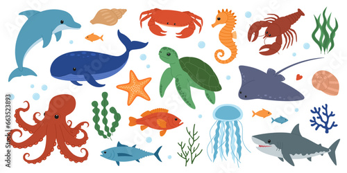 Set of sea and ocean animals. Cute dolphin  whale  crab  seahorse  starfish  lobster  turtle  stingray  octopus  shark  jellyfish and fish. Wild marine creatures. Underwater life. Vector illustration