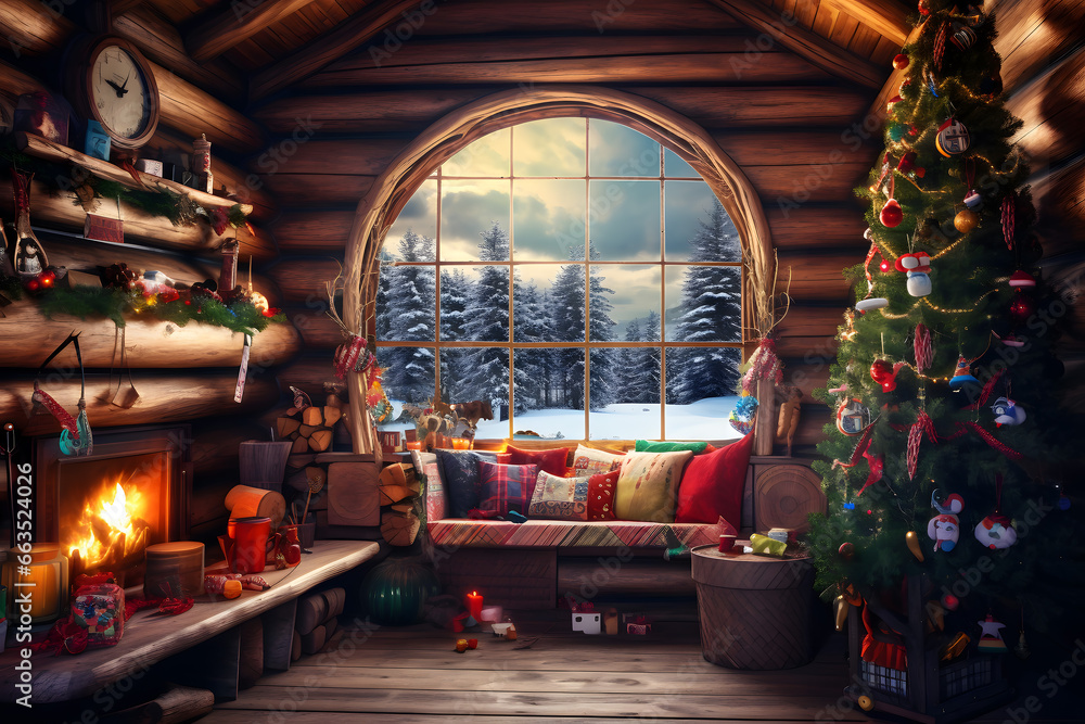 Salón de una cabaña de madera con la chimenea encendida y adornos navideños y árbol de navidad. Ventana con paisaje nevado por la noche - obrazy, fototapety, plakaty 