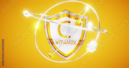 vitamin C - shield inscription on an orange background with rotating orbits and atoms as a symbol of protection, 3d render of ascorbic acid