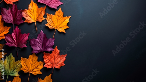 autumn background with orange and black leaves, top view