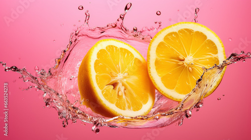 watersplash with fresh orange against  pink background photo