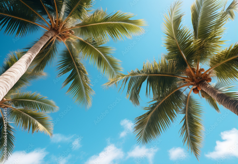 
Blue sky and palm trees view from below, vintage style, tropical beach and summer background, travel concept realistic image