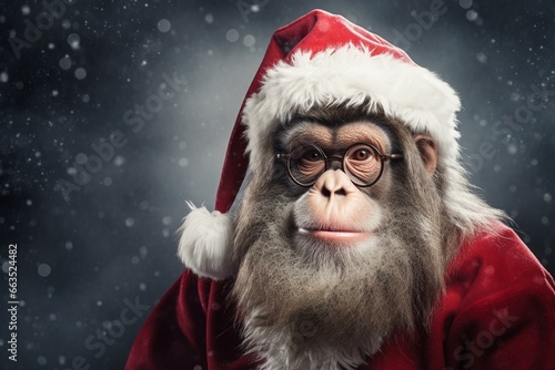 Imaginative monkey dressed as Santa Claus against a grungy backdrop. Generative AI