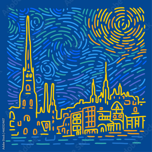 Glowing yellow moon and dark blue sky with city. Abstract linear background. Vector pattern in the style of impressionist paintings.