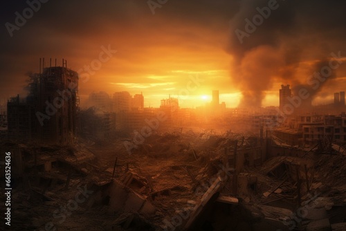 Cityscape engulfed in fiery sky, dystopian rubble, neoplastic matte painting. Generative AI