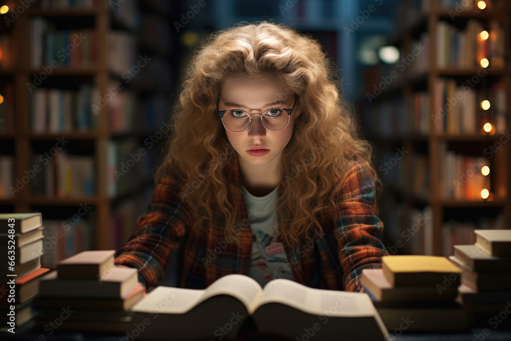 A serene girl with glasses, engrossed in a book within the library's tranquil haven. Deep in thought, she explores the nuances of literature A serene girl with glasses, engrossed in a book within the library's tranquil haven. Deep in thought, she explores the nuances of literature