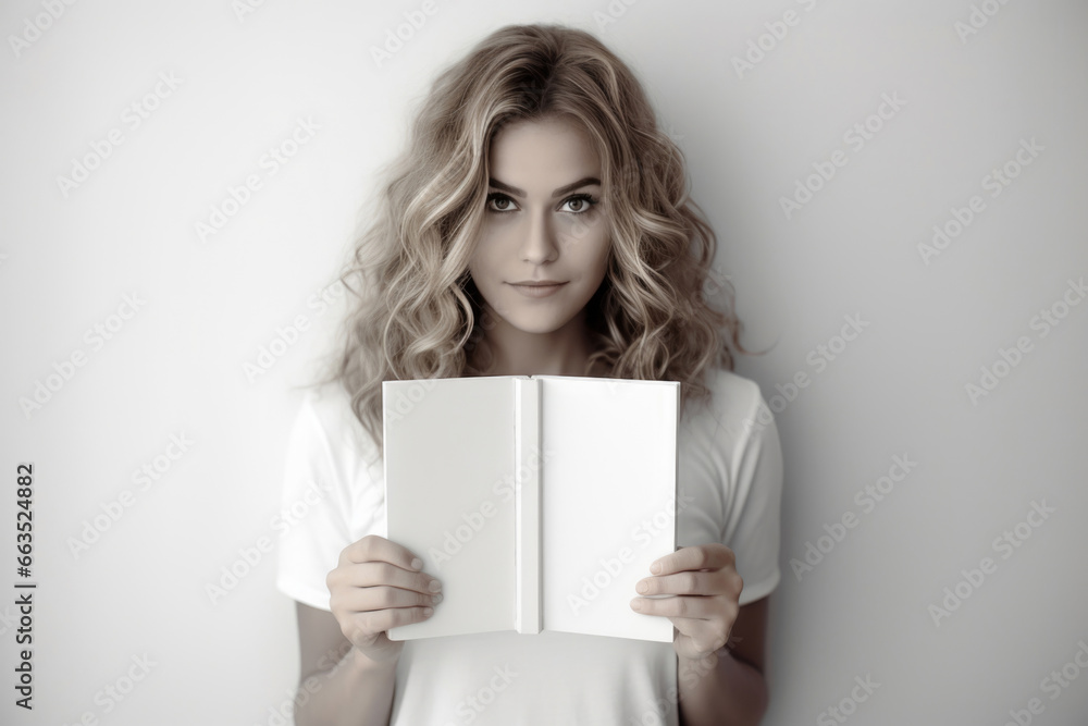 Elegant Literacy: A young and attractive woman holds a white book against a bright backdrop Elegant Literacy: A young and attractive woman holds a white book against a bright backdrop