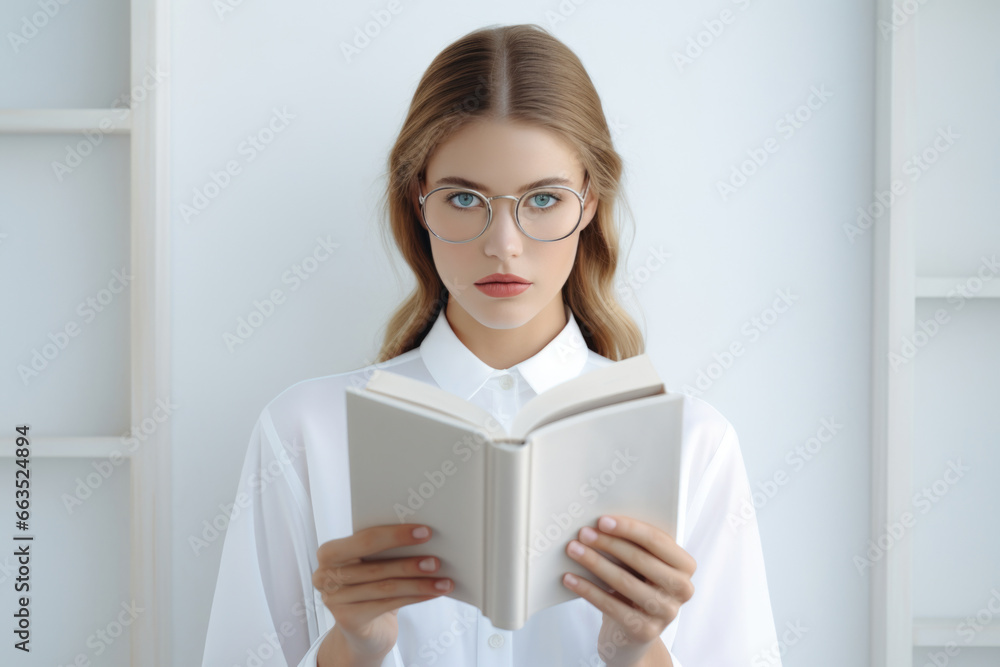 Luminous Literacy: A radiant young woman holds a white book, her allure illuminated by the soft light around her Luminous Literacy: A radiant young woman holds a white book, her allure illuminated by the soft light around her