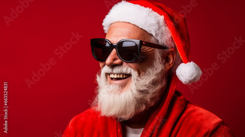Santa claus smiling in hat and red sunglasses against a red background, Generative AI